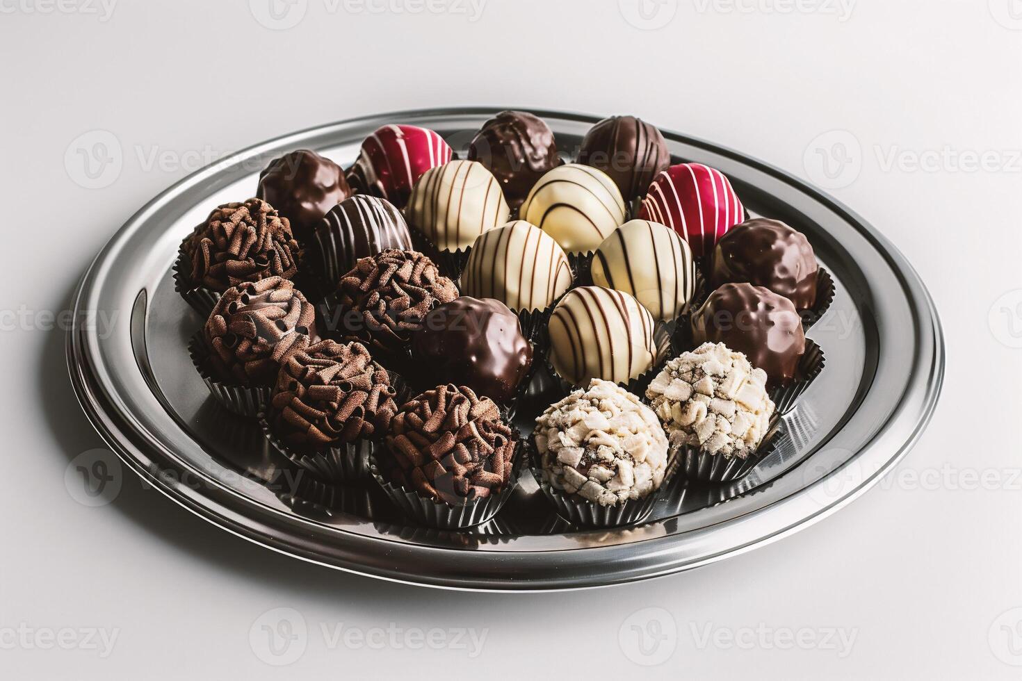 ai généré assortiment de Chocolat des sucreries sur argent plaque. photo