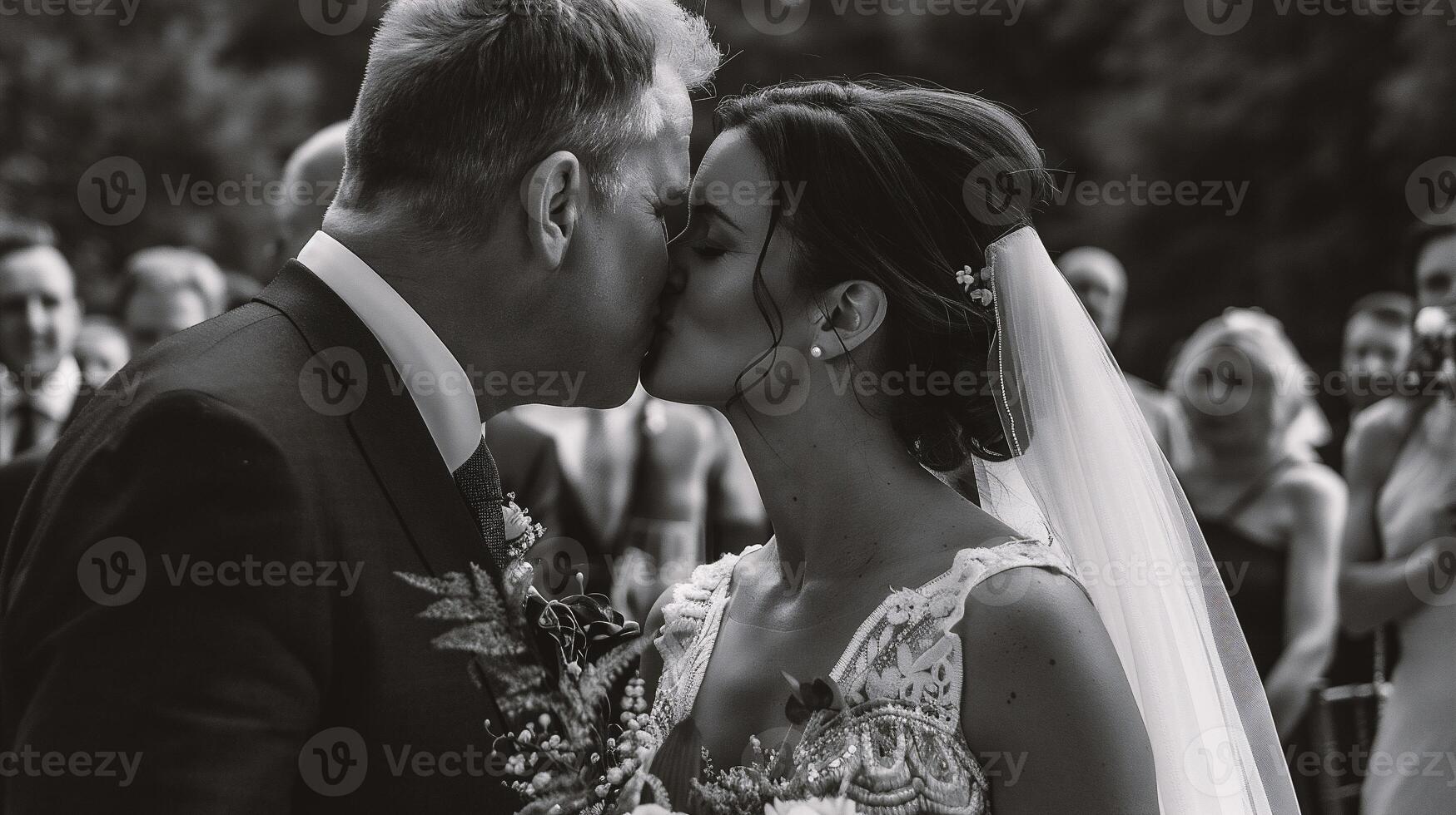 ai généré la mariée et jeune marié sur leur mariage journée. noir et blanc photo. photo