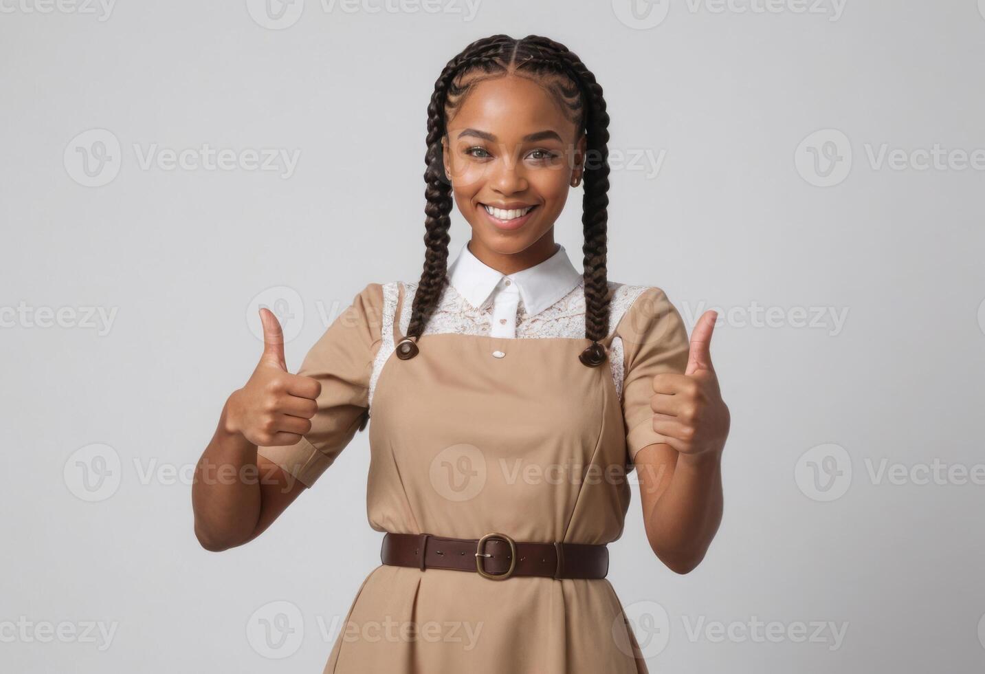 ai généré une de bonne humeur Jeune femme donne deux les pouces en haut, portant une Sans manches robe et une collier chemise. sa sourire est brillant et accueillant. photo