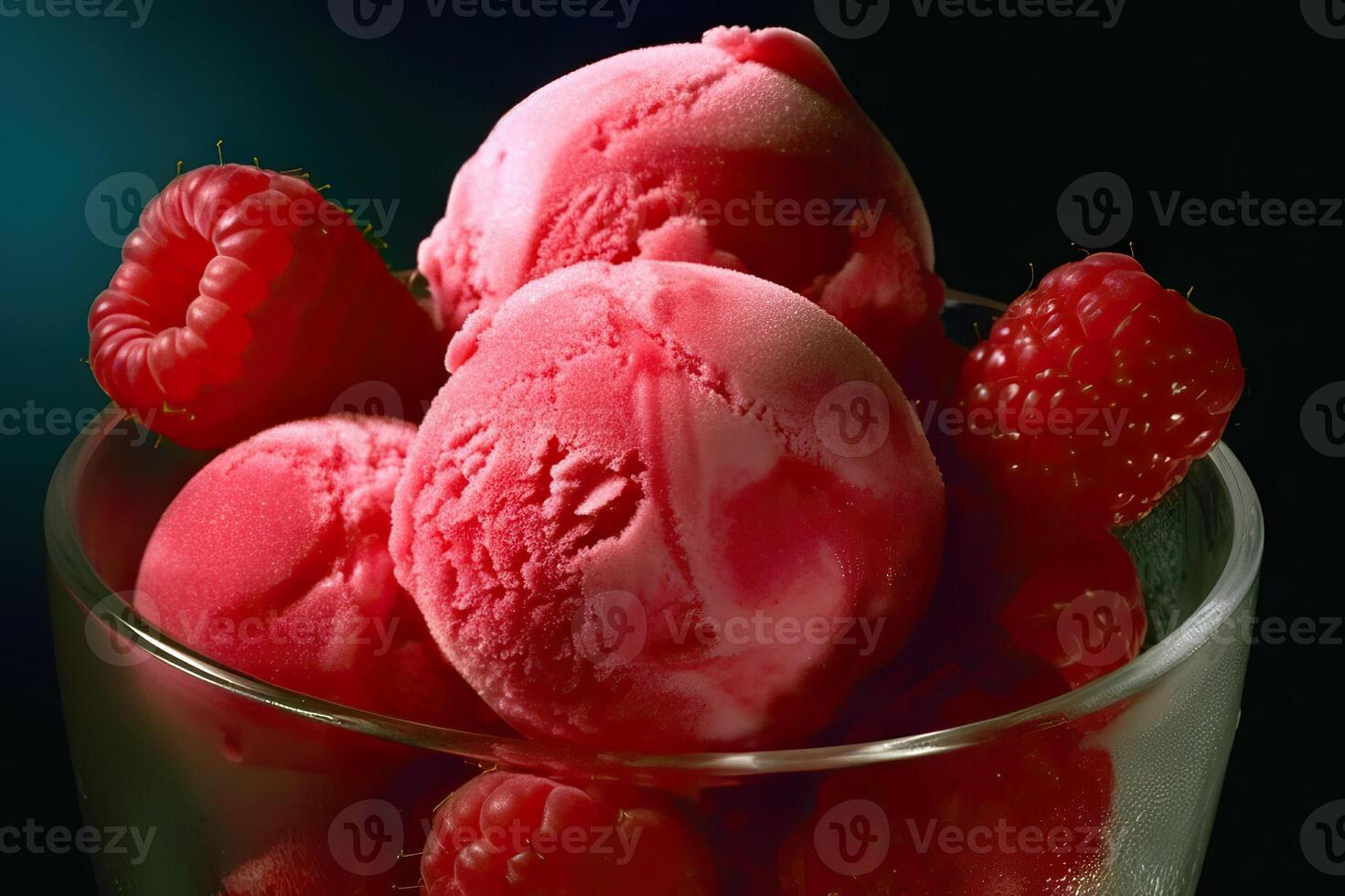 ai généré délicieux framboise la glace crème boules dans une verre récipient. établi avec génératif ai photo