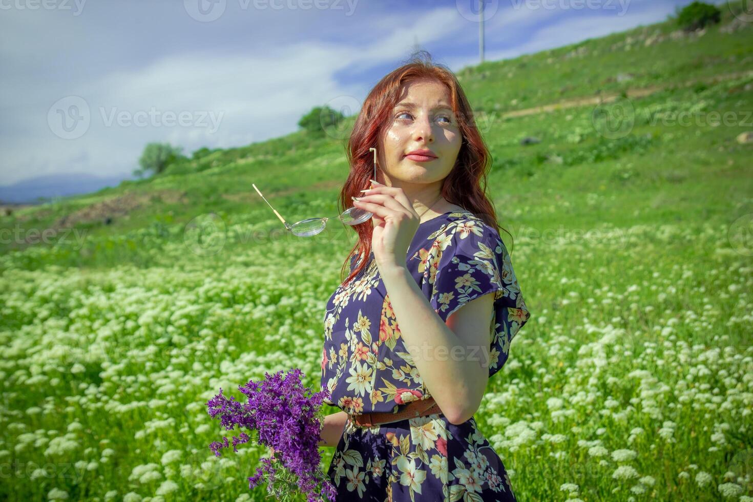 rouge aux cheveux femme dans le parc, jolie femme dans le la nature photo