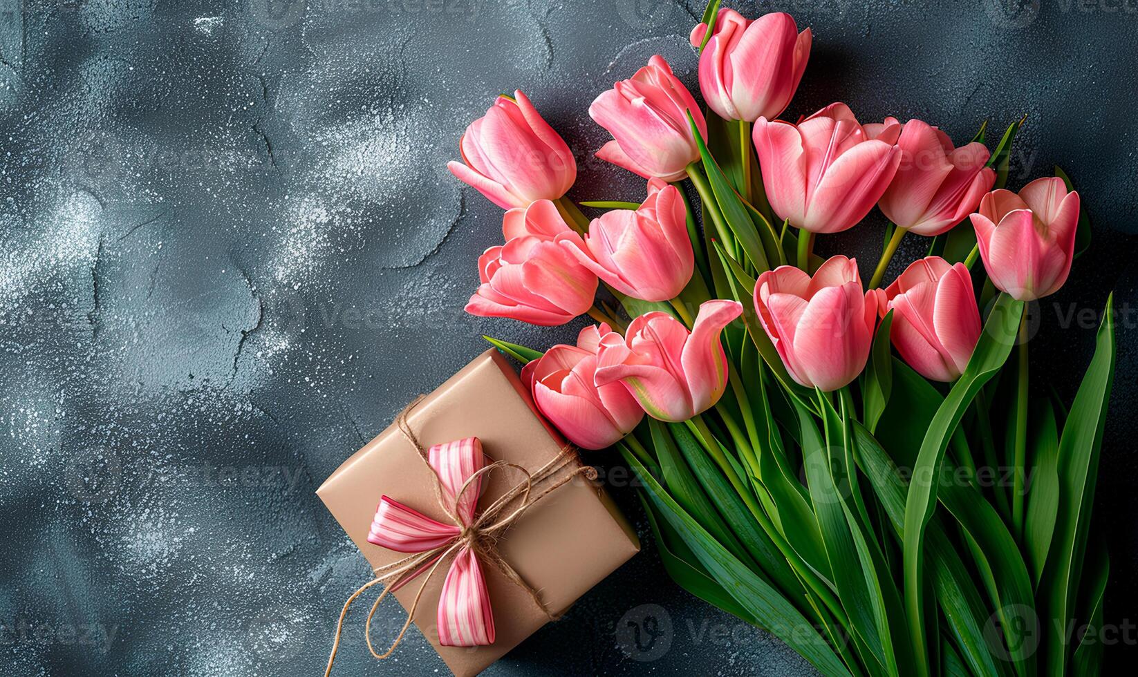 ai généré printemps bouquet tulipes avec boite cadeau sur gris arrière-plan, printemps plat allonger photo