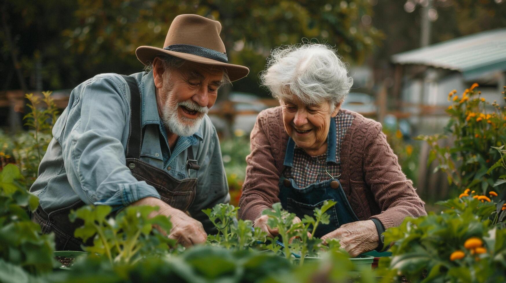 ai généré une Sénior couple rester actif par jardinage ensemble photo