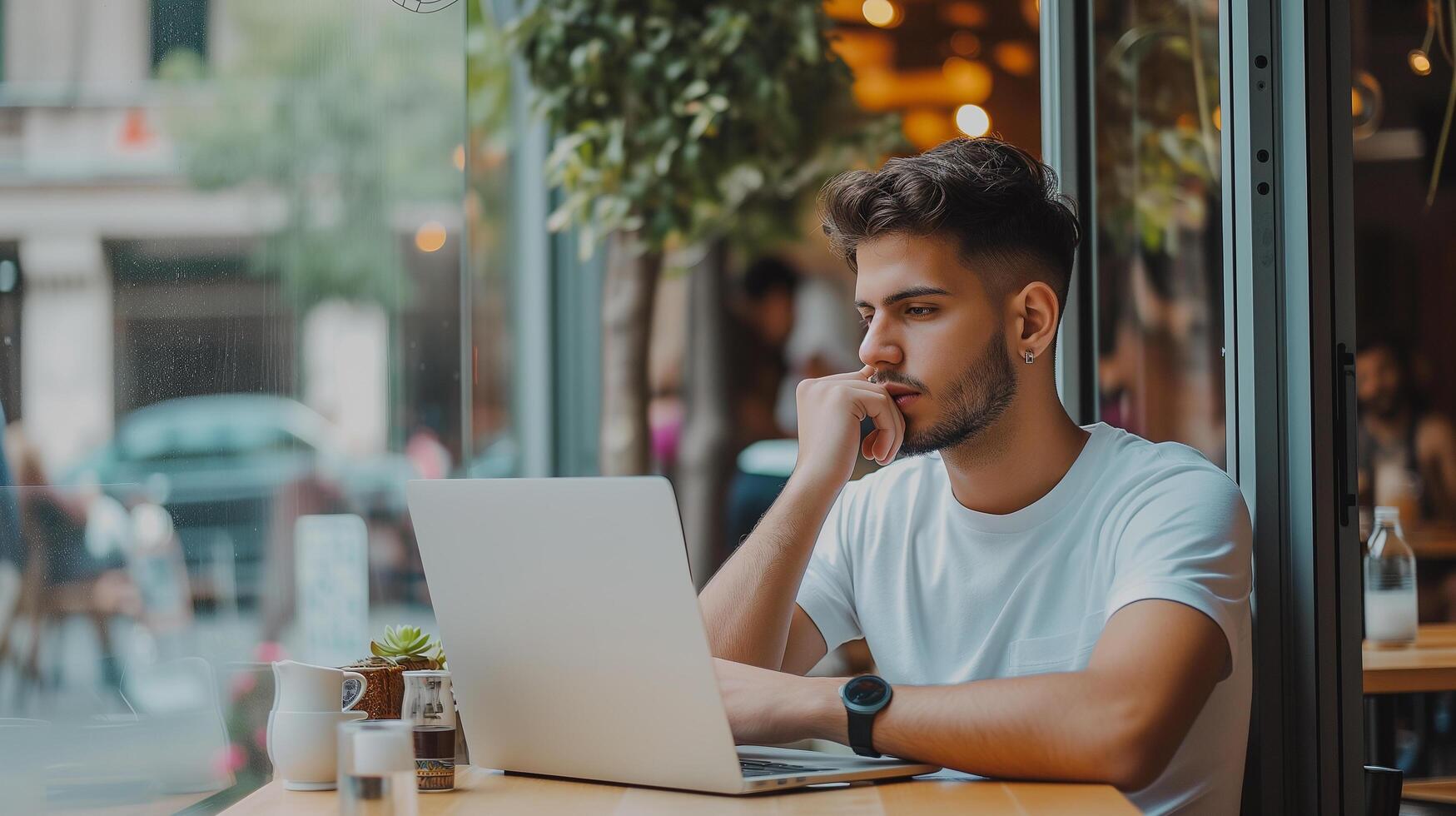 ai généré numérique nomade Jeune homme en utilisant portable ordinateur à le café, travail éloigné et La technologie concept photo