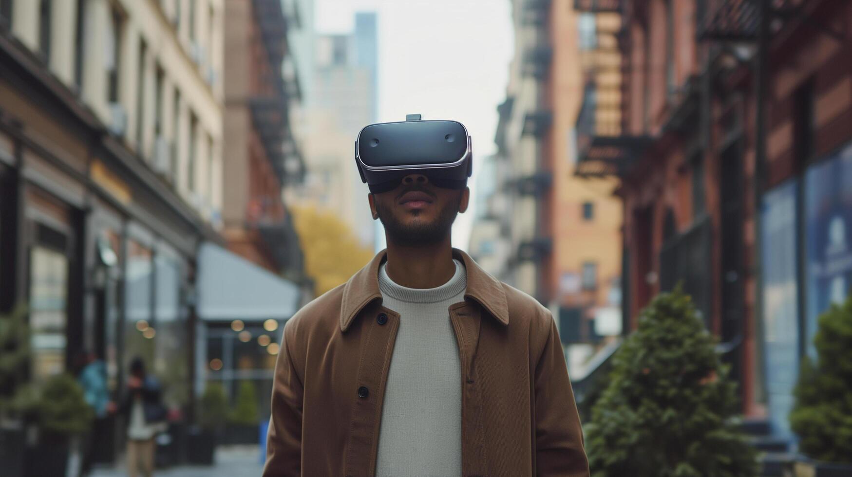 ai généré Jeune homme en utilisant vr virtuel réalité des lunettes tandis que en marchant dans ville rue, mode de vie et La technologie concept photo