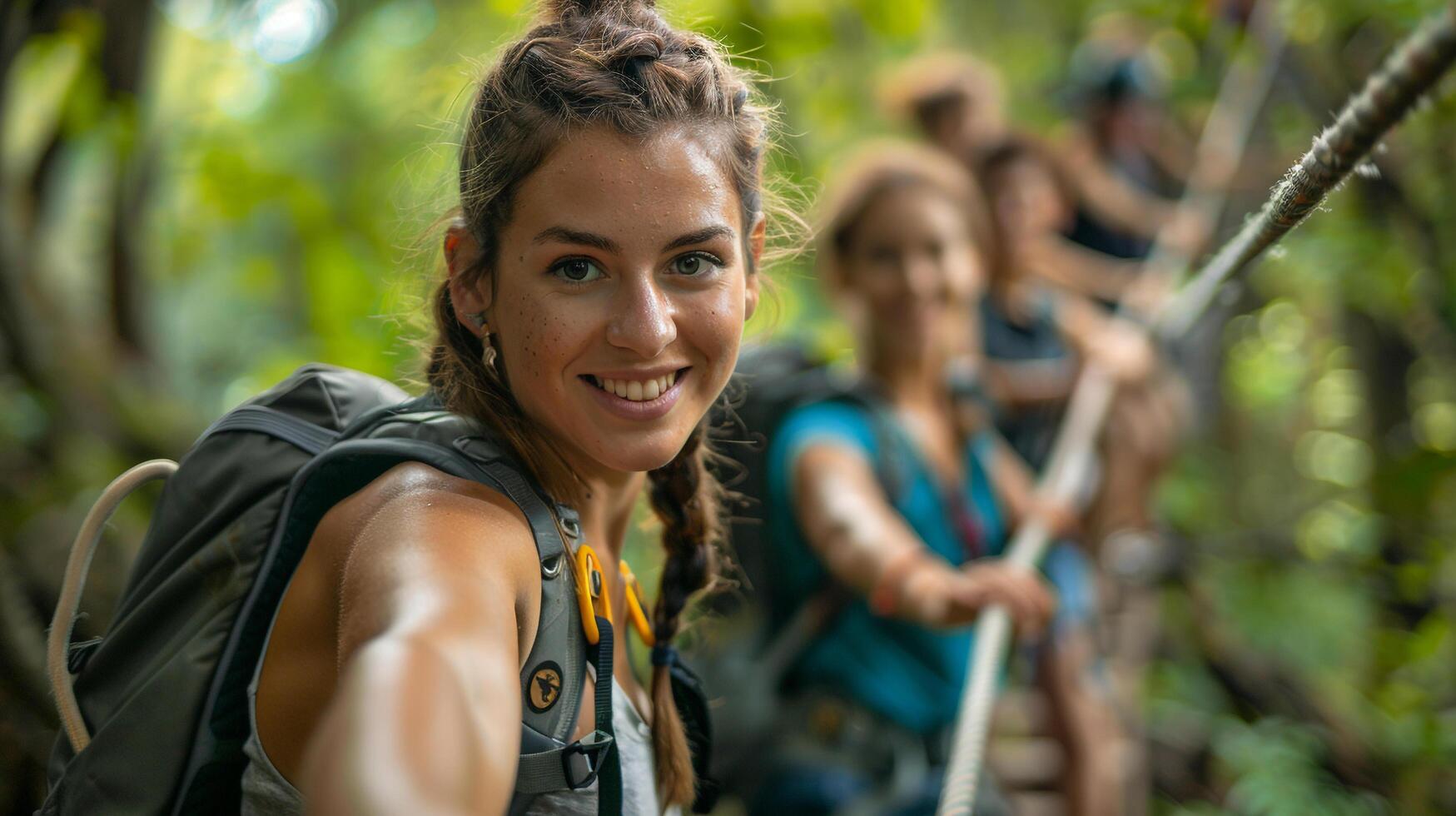 ai généré une groupe de collègues de travail participant dans une équipe bâtiment exercice en plein air photo