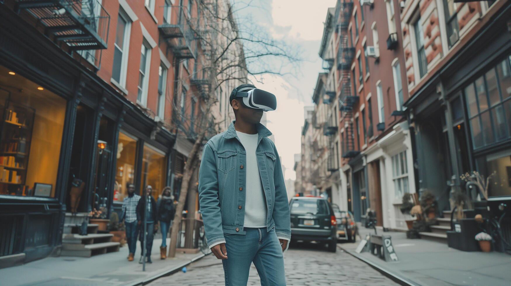 ai généré Jeune homme en utilisant vr virtuel réalité des lunettes tandis que en marchant dans ville rue, mode de vie et La technologie concept photo