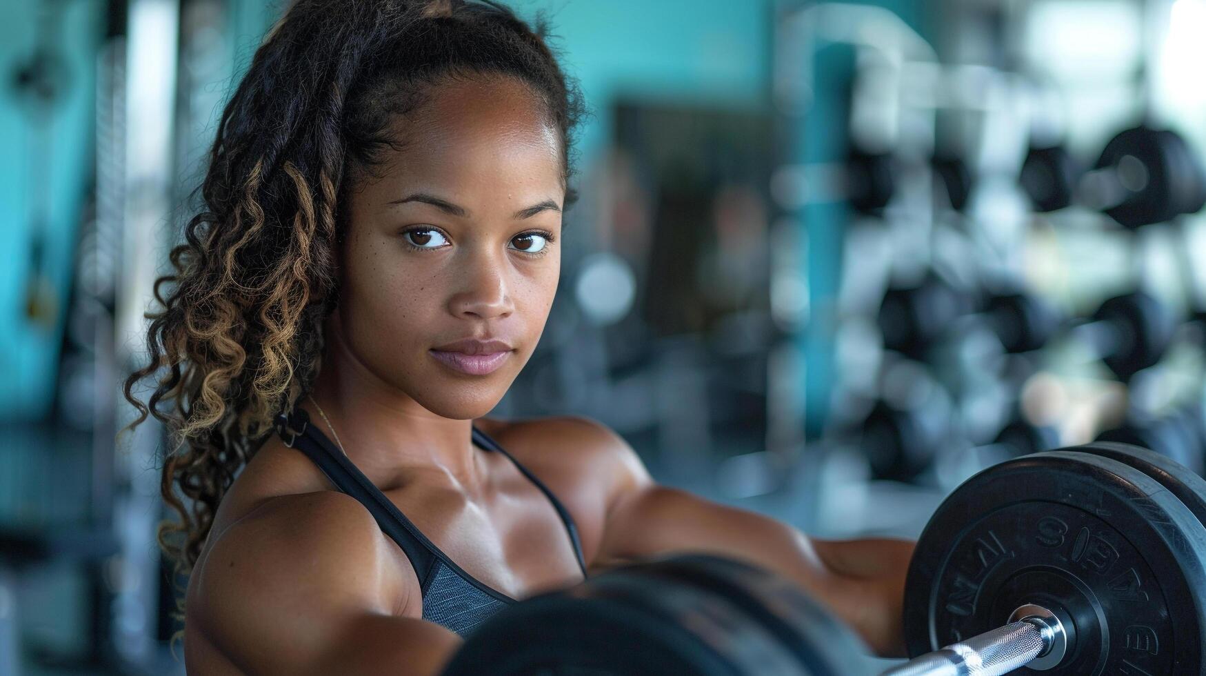 ai généré une femme levage poids à le Gym comme partie de sa aptitude routine photo