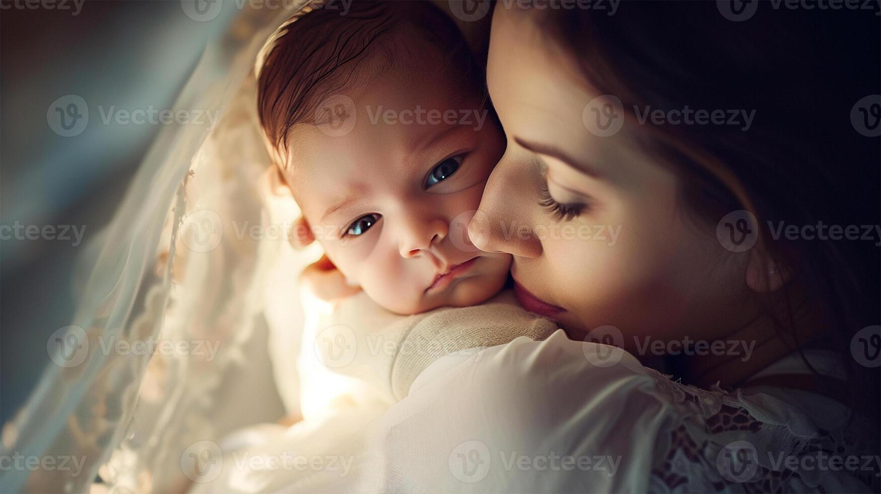 ai généré maternel embrasse à aube. une soumissionner moment comme une mère berceaux sa en train de dormir bébé dans le doux Matin lumière. photo