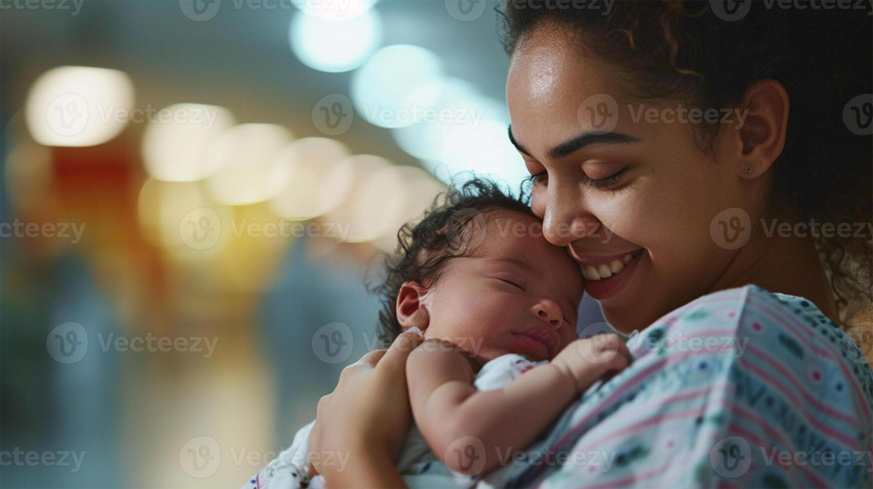 ai généré une souriant femme tendrement berceau une en train de dormir nouveau née bébé, avec flou lumières dans le Contexte. copie espace. photo