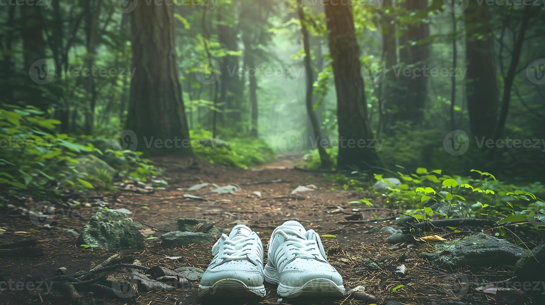 ai généré Piste prêt randonnée des chaussures au milieu de le forêt photo