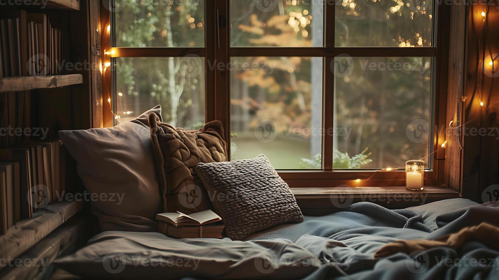 ai généré attrayant livre coin par le fenêtre avec oreillers et bougie photo