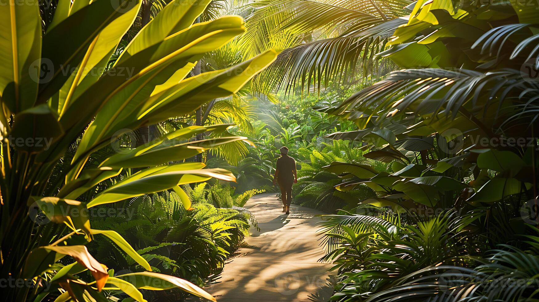 ai généré Matin marcher dans tropical jardin sentier photo