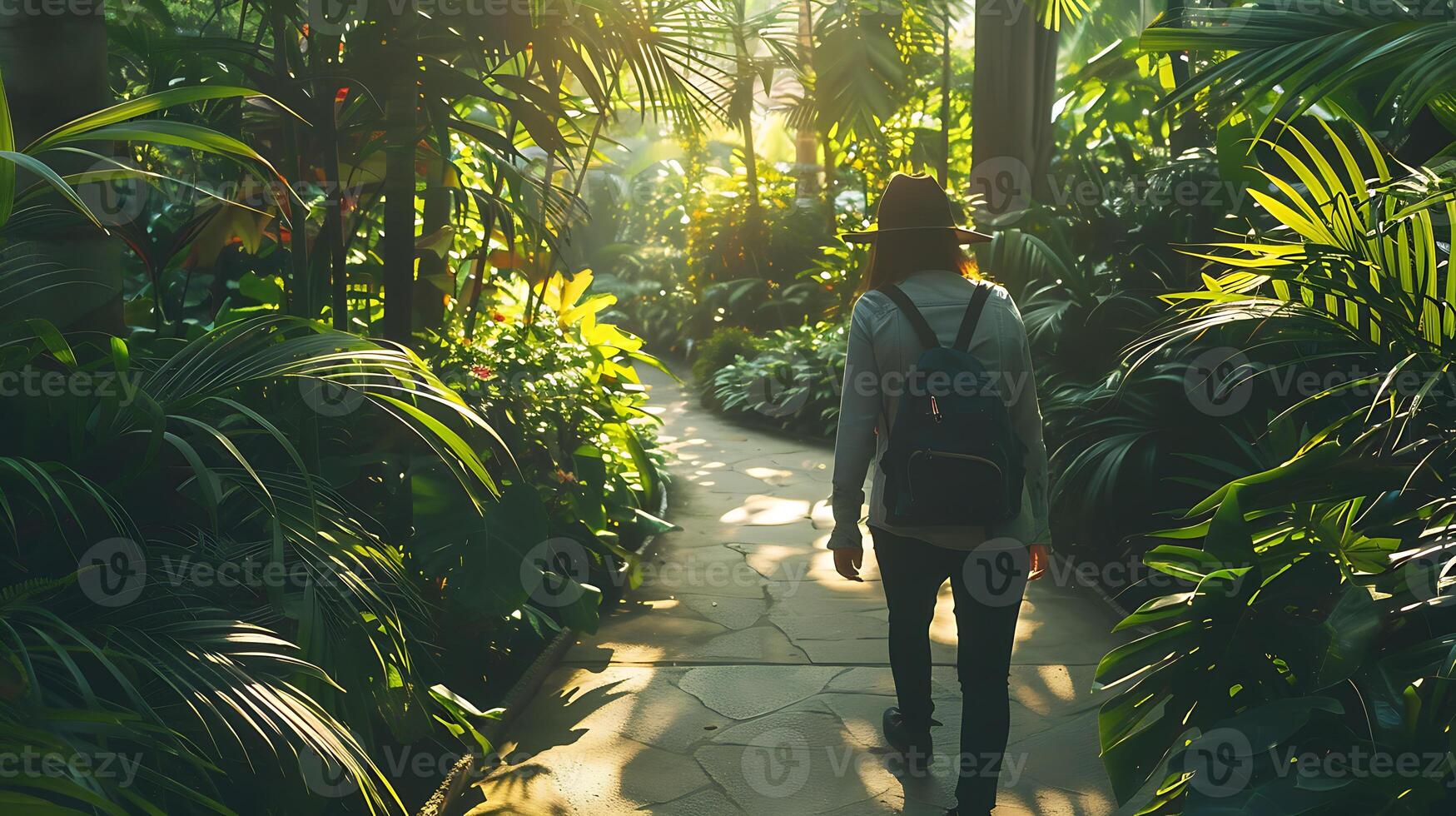 ai généré ensoleillé promenade dans une verdoyant tropical jardin photo