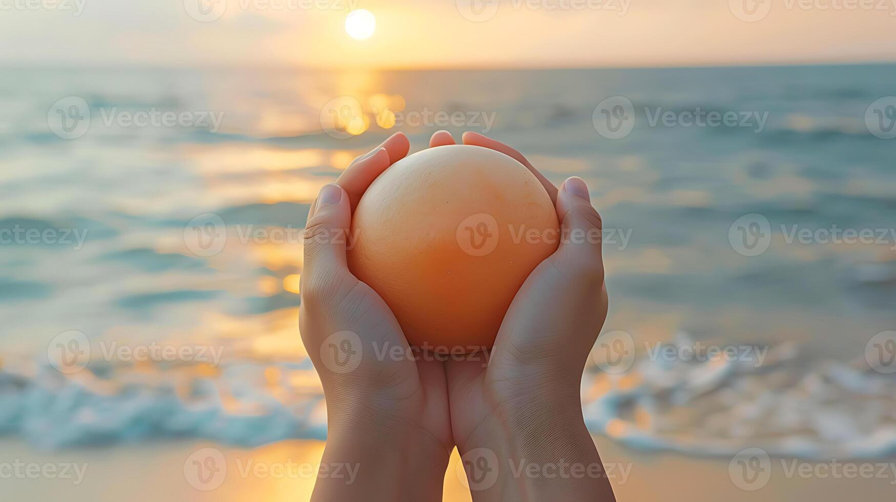 ai généré mains berceau un Orange sphère à le coucher du soleil plage photo