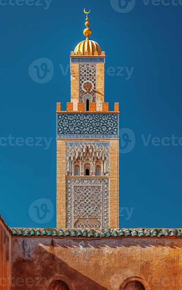 ai généré le sophistiqué motifs sur une minaret la tour éclat vivement contre une vif bleu ciel photo