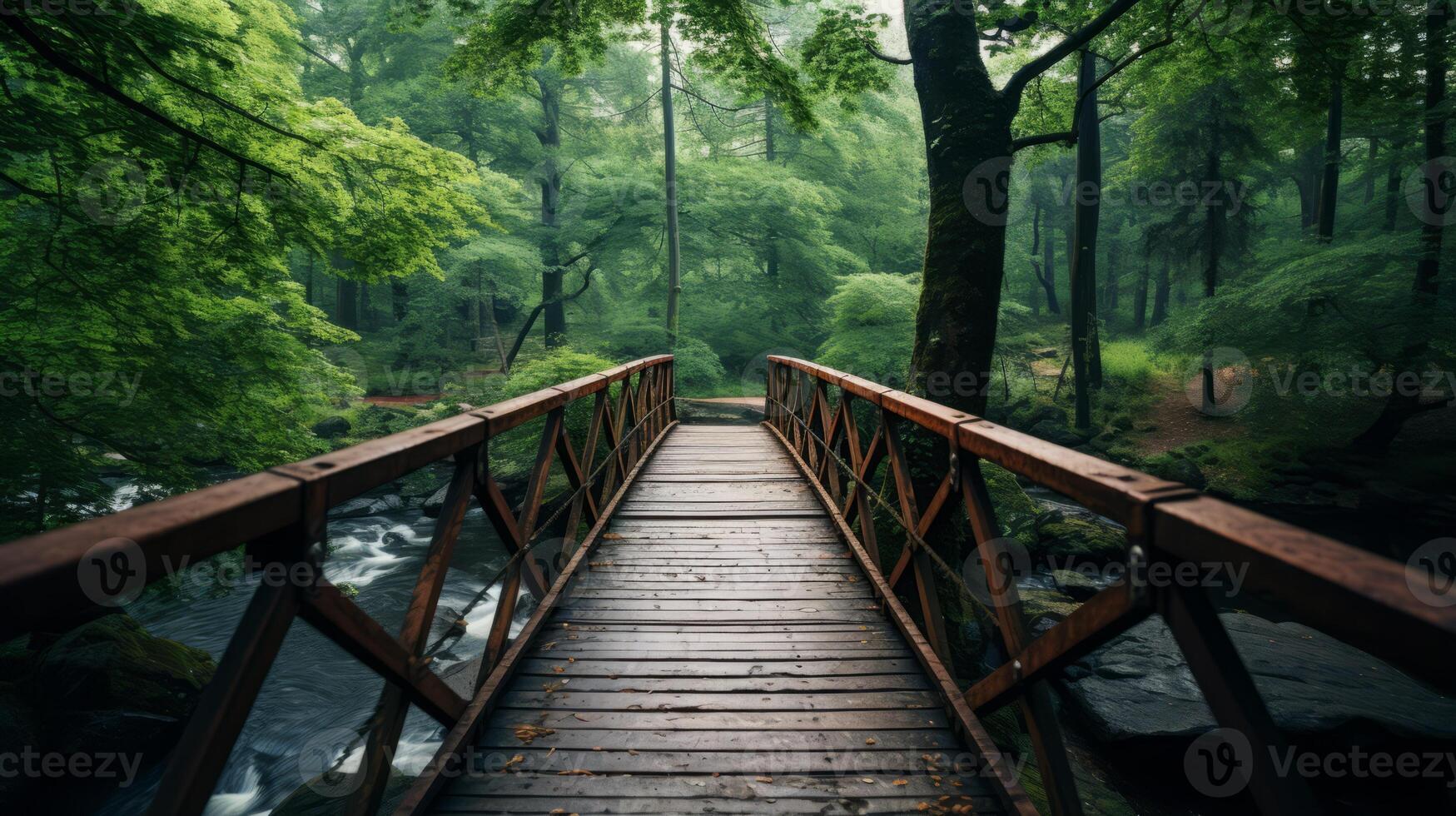 ai généré forêt pont plus de le rivière couler photo