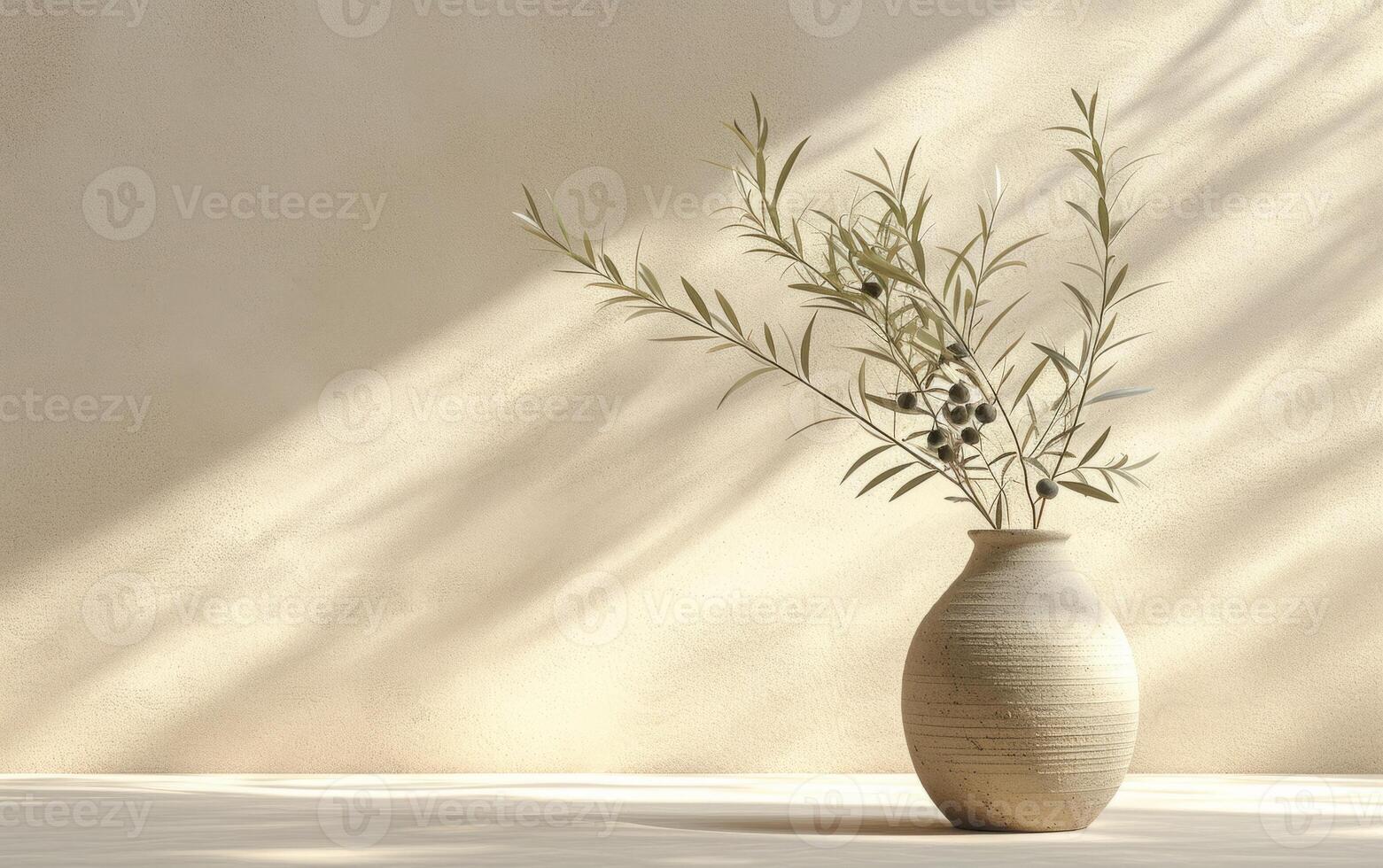 ai généré olive branche et ombre jouer dans céramique vase contre texturé mur photo