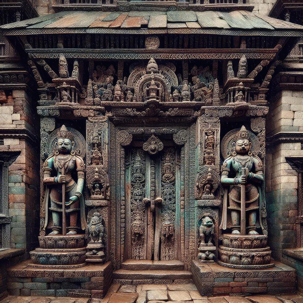 ai généré une fermer représentation de une patiné pierre entrée porte à une népalais temple, orné avec complexe sculptures et Gardien statues. photo