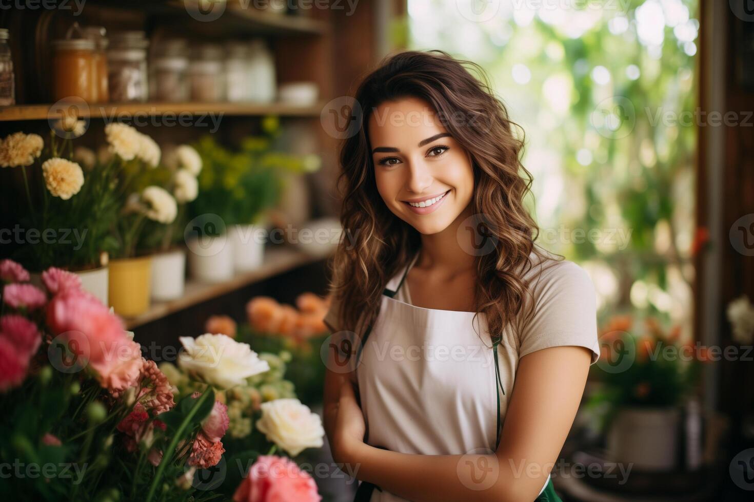 ai généré Jeune fille fleuriste souriant à le caméra tandis que permanent près le compteur de une fleur magasin photo