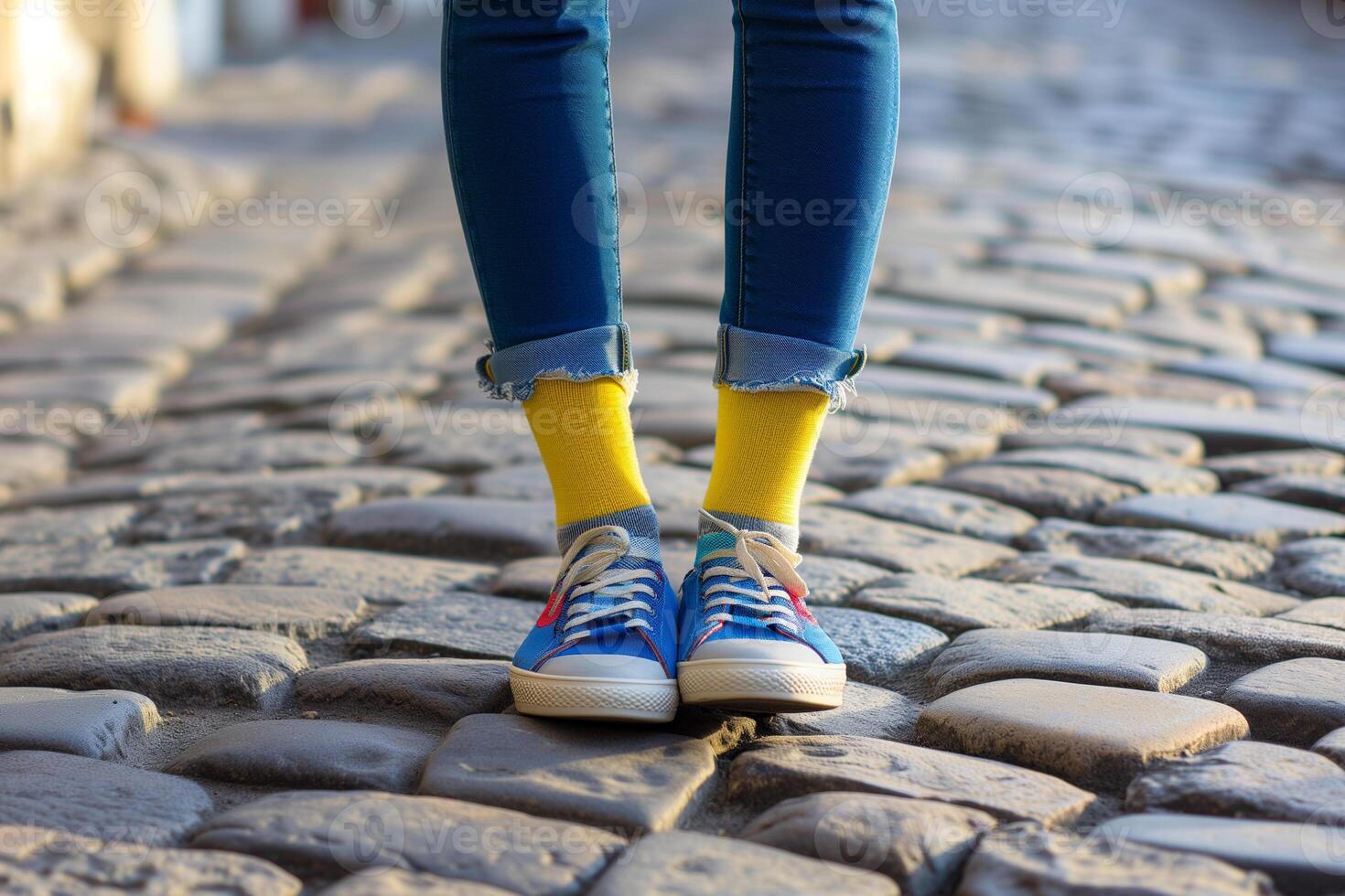 ai généré femelle jambes dans Jaune chaussettes, jeans et baskets sur le pavage des pierres photo