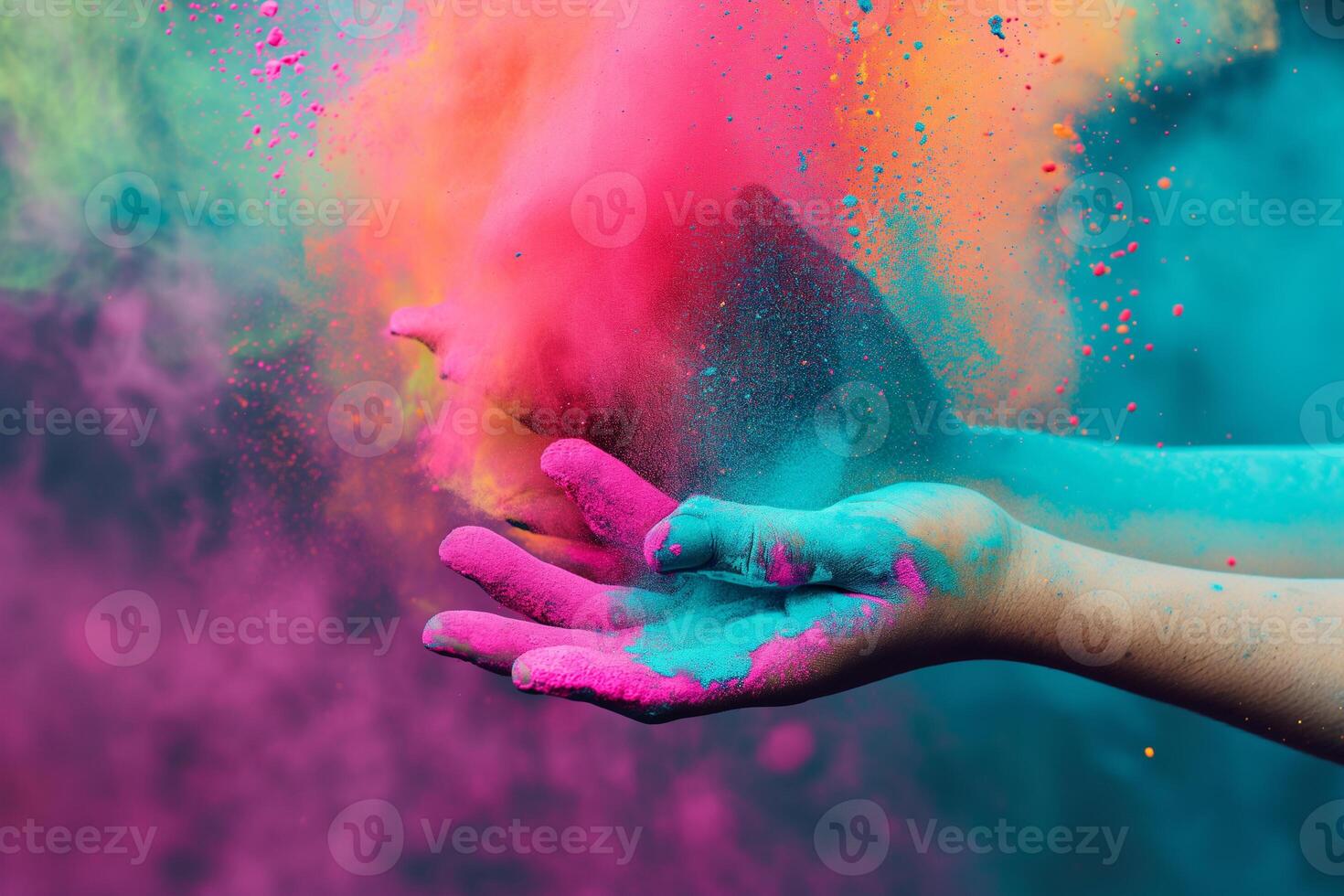 ai généré coloré peindre poudre déversements dans différent directions de le applaudir de mains, saint Festival dans Inde photo