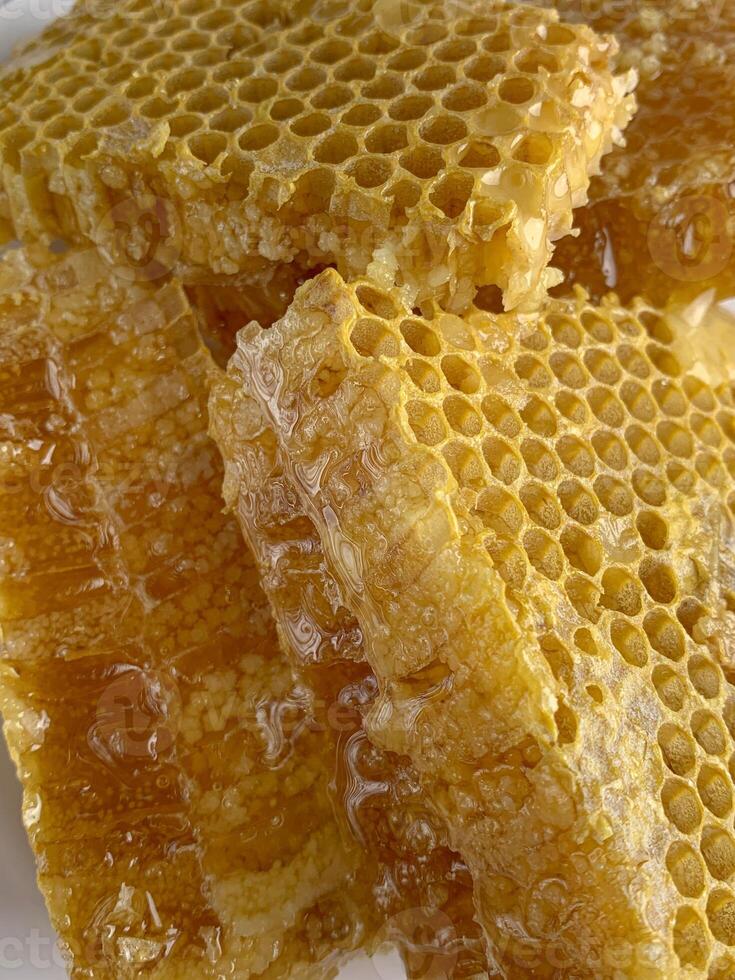 proche en haut vue de le sucré nids d'abeille sur une blanc plaque. photo