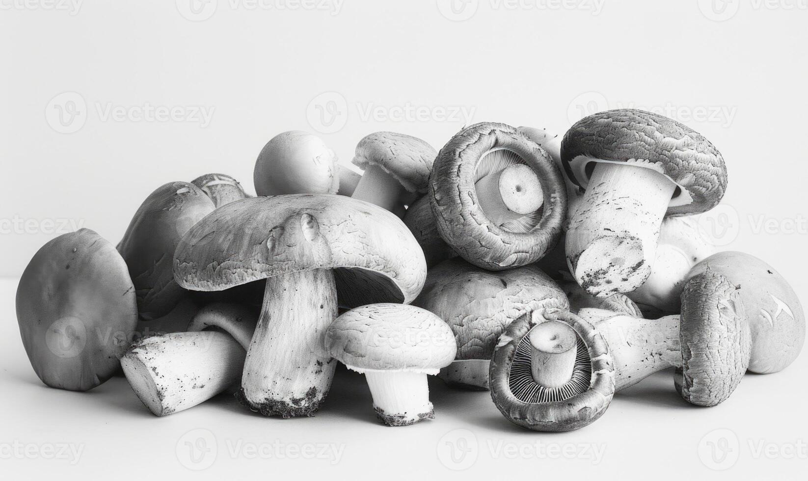 ai généré groupe de champignons sur une blanc Contexte. noir et blanc photo. photo