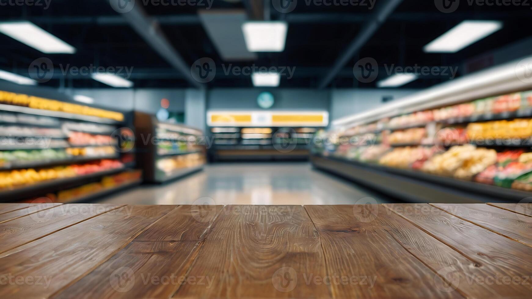 vide en bois table avec magnifique supermarché arrière-plan, photoréaliste photo