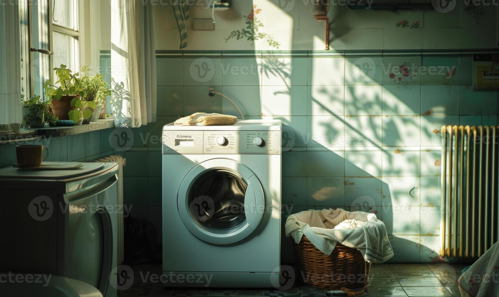 ai généré blanchisserie pièce intérieur avec la lessive machine et vêtements. photo