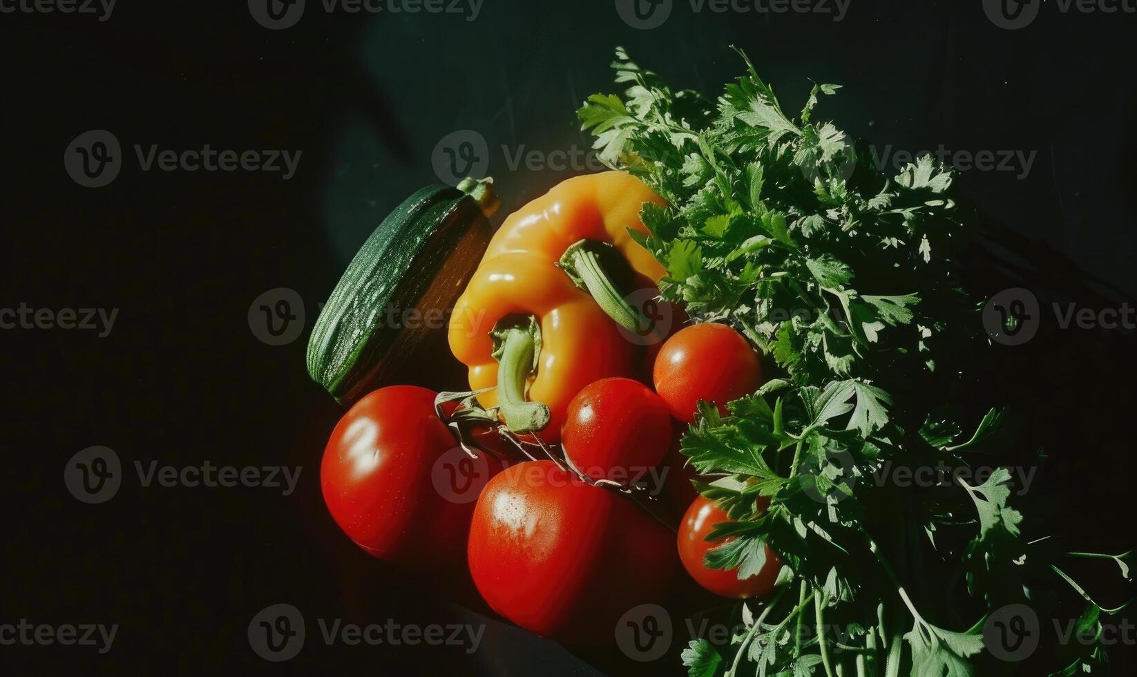 ai généré Frais des légumes sur une foncé Contexte. des légumes sur une foncé Contexte. photo