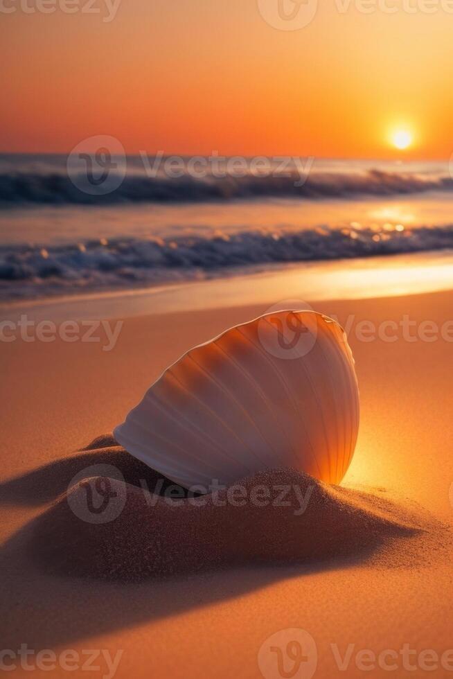 ai généré une coquille sur le le sable avec vagues dans le Contexte photo