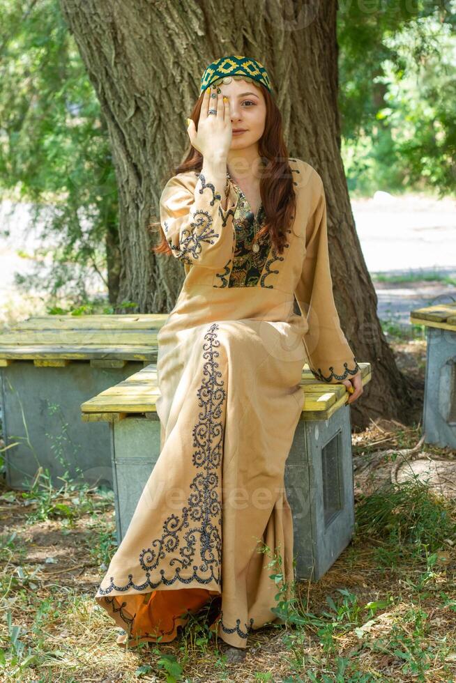 arménien Jeune femme dans traditionnel vêtements dans le la nature dans été photo