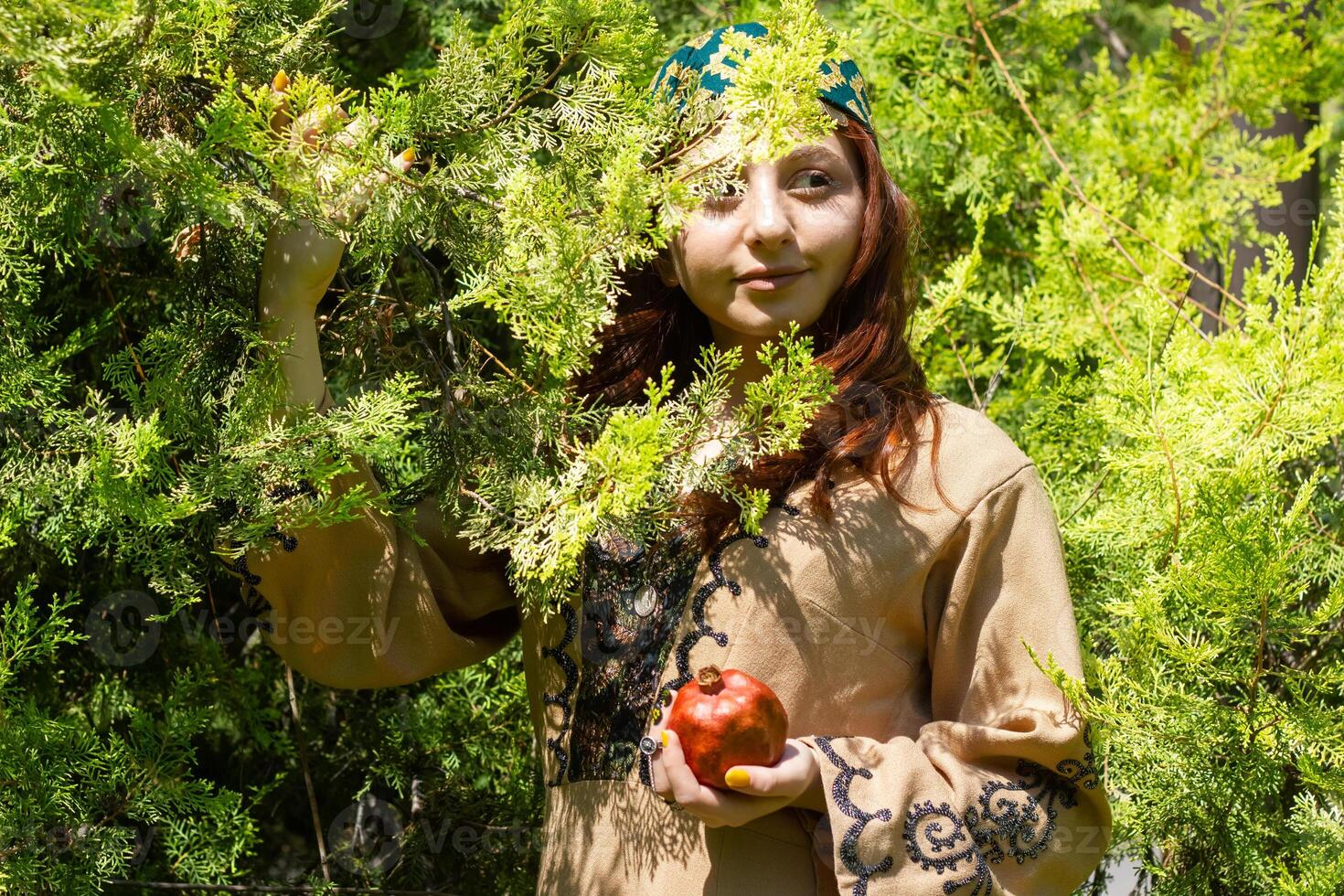 arménien Jeune femme dans traditionnel vêtements dans le la nature dans été photo