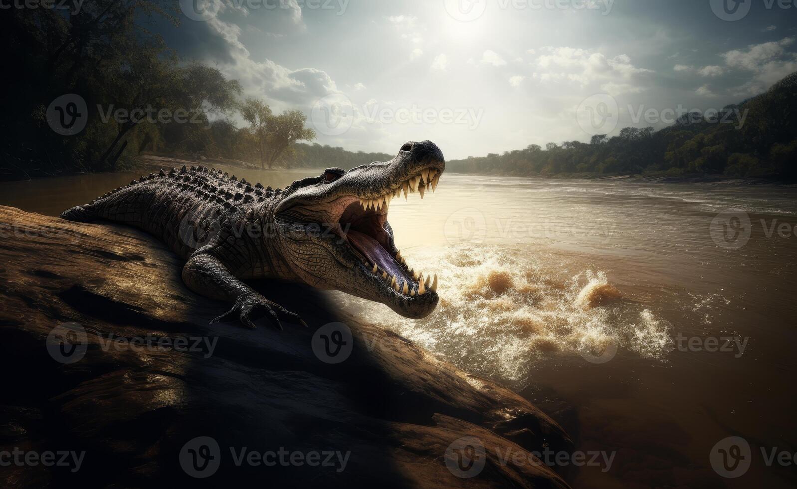 ai généré une crocodile ouverture ses bouche avec une l'eau forêt Contexte photo