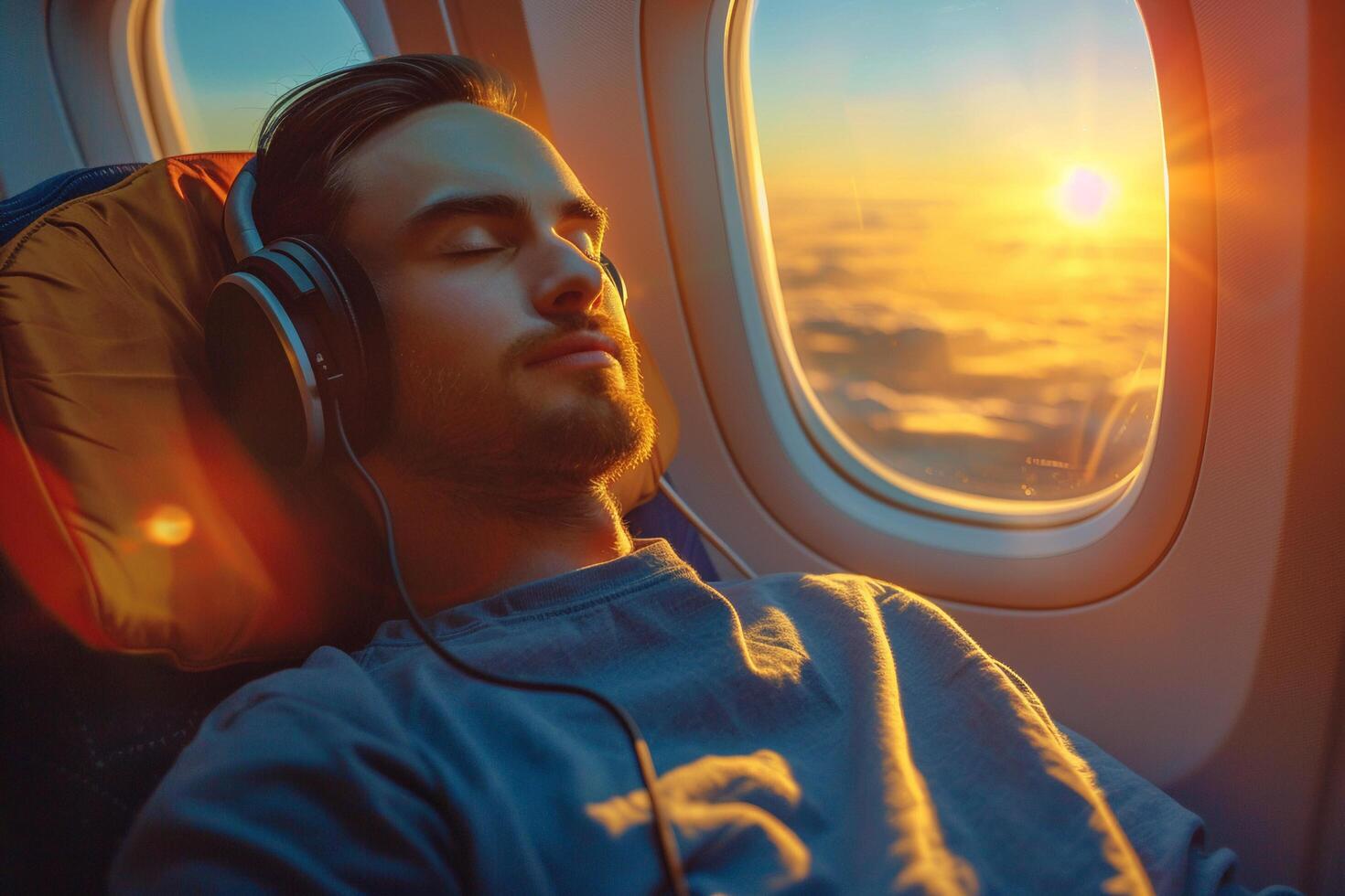 ai généré homme relaxant avec écouteurs sur avion. photo