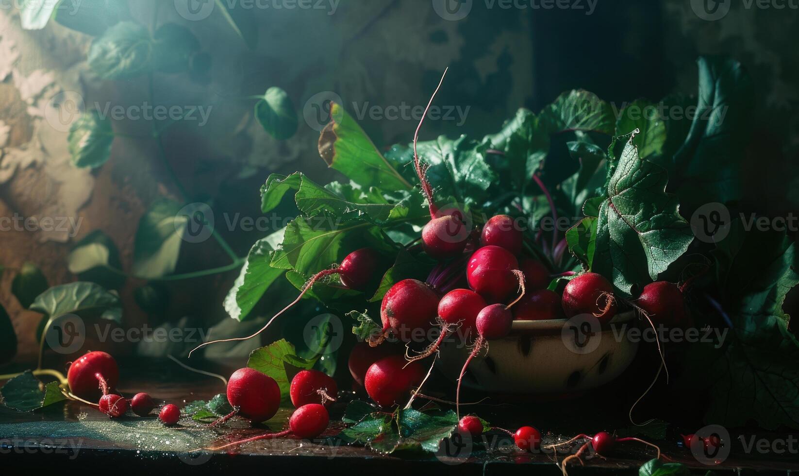 ai généré Frais des radis avec vert feuilles sur une foncé Contexte. sélectif se concentrer. photo