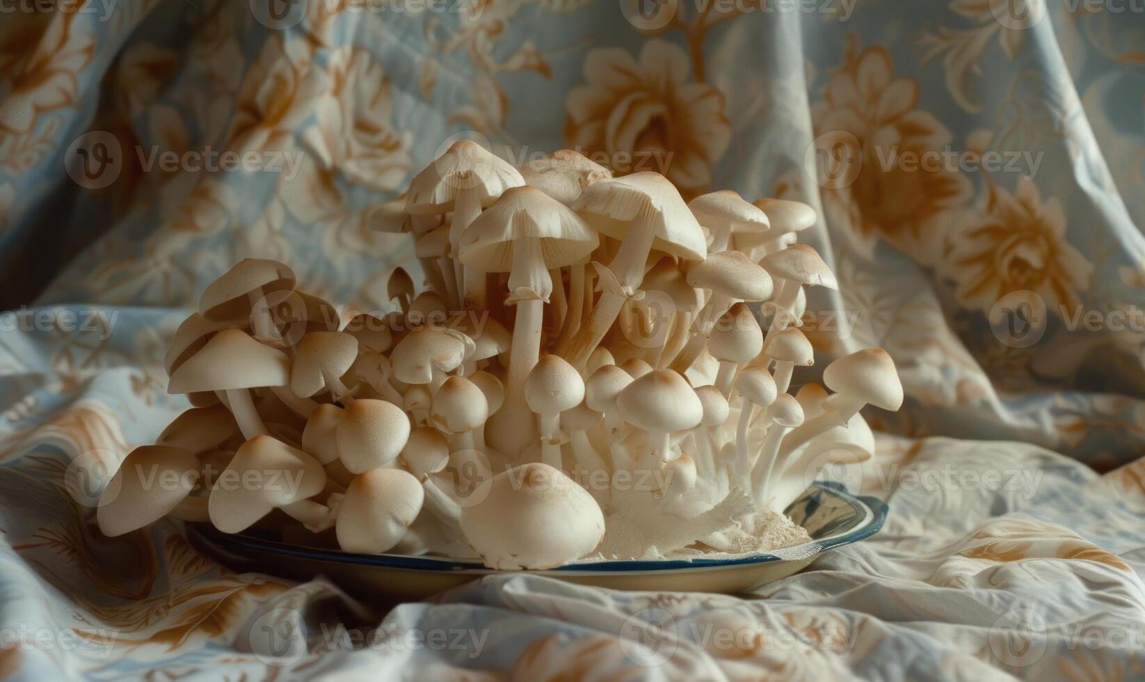 ai généré bouquet de blanc Shimeji champignons sur une soucoupe. photo