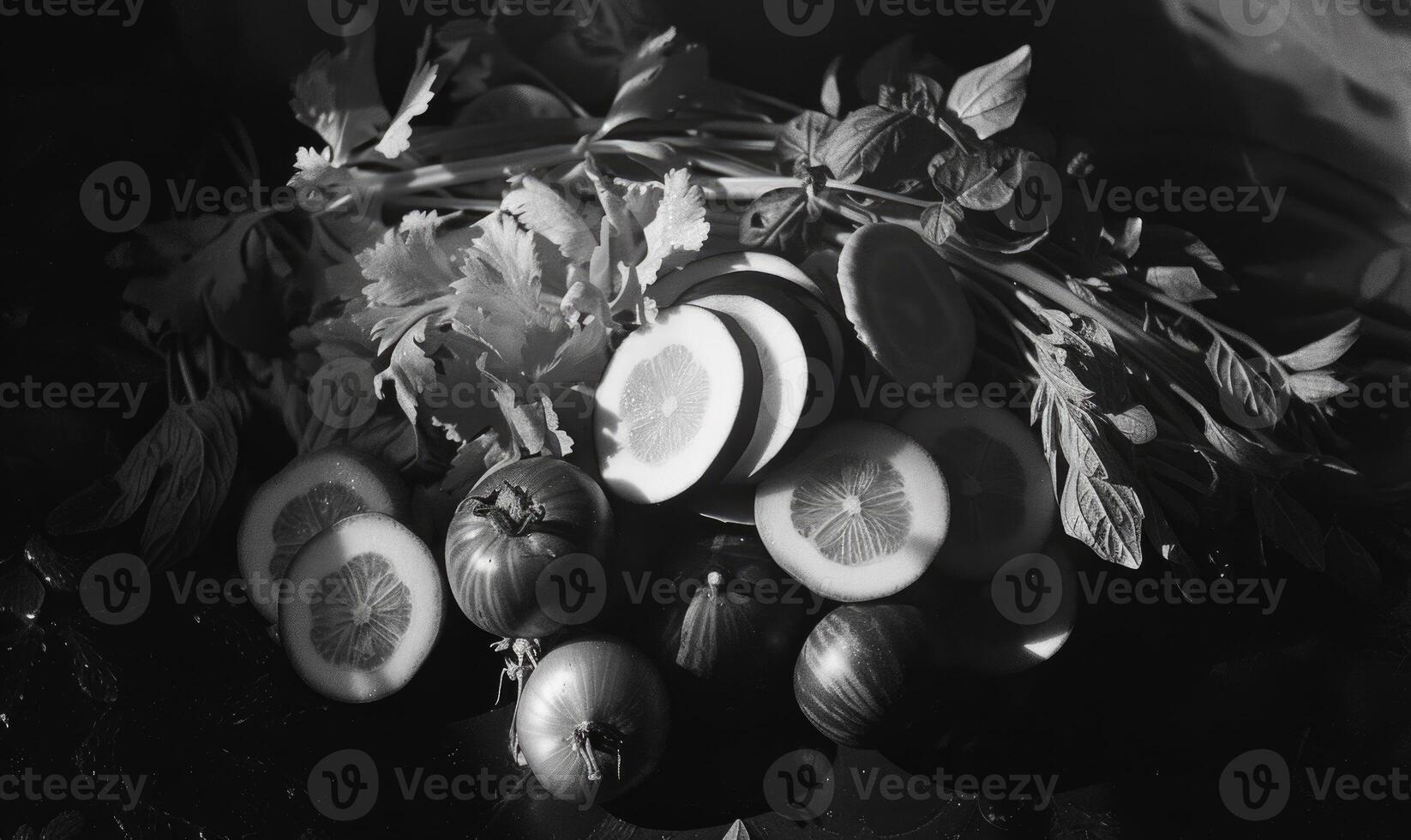 ai généré encore la vie avec des légumes sur une rustique Contexte. noir et blanche. photo