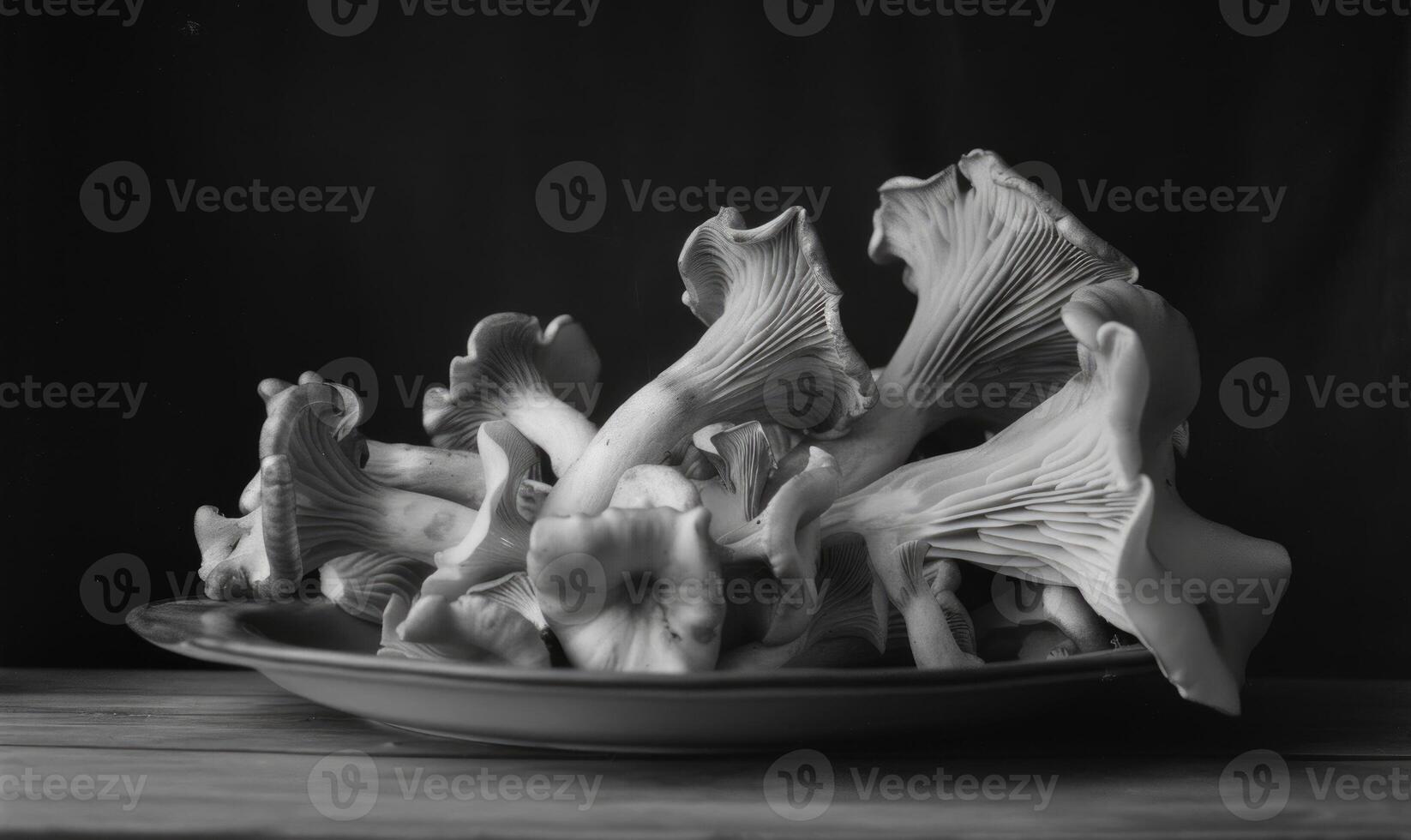 ai généré huître champignons sur une plaque, noir et blanc photo, fermer photo