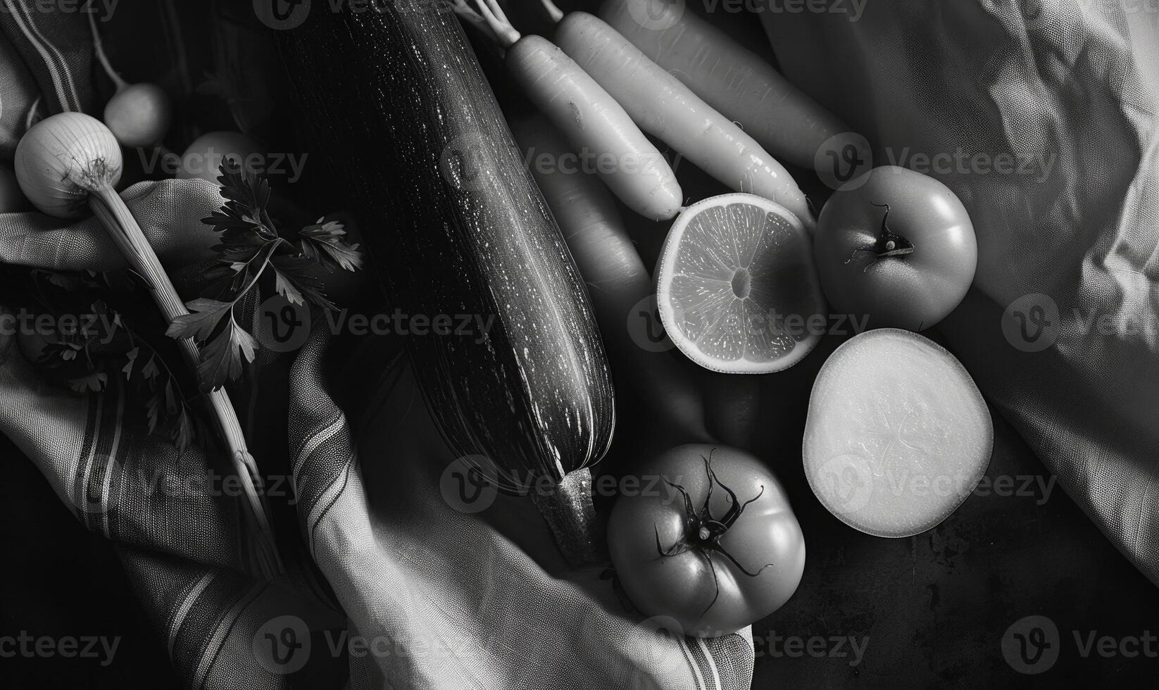 ai généré noir et blanc photo de Frais des légumes sur une foncé Contexte. Haut voir.