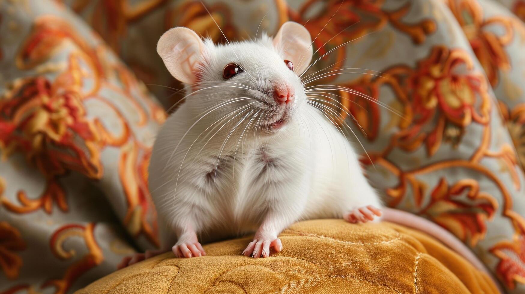 ai généré blanc rat séance sur Haut de rouge canapé photo