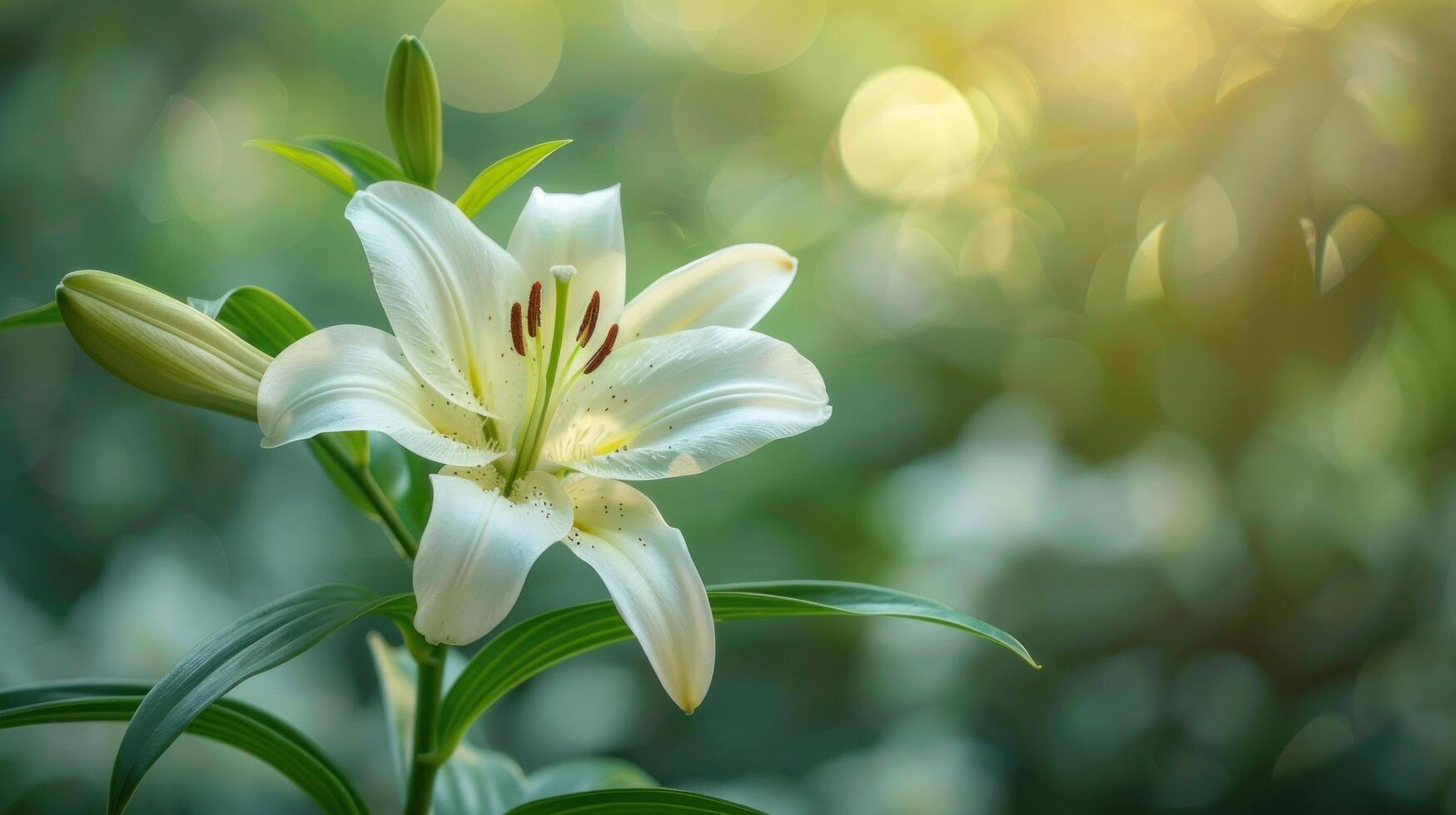 ai généré proche en haut de blanc fleur avec vert feuilles photo