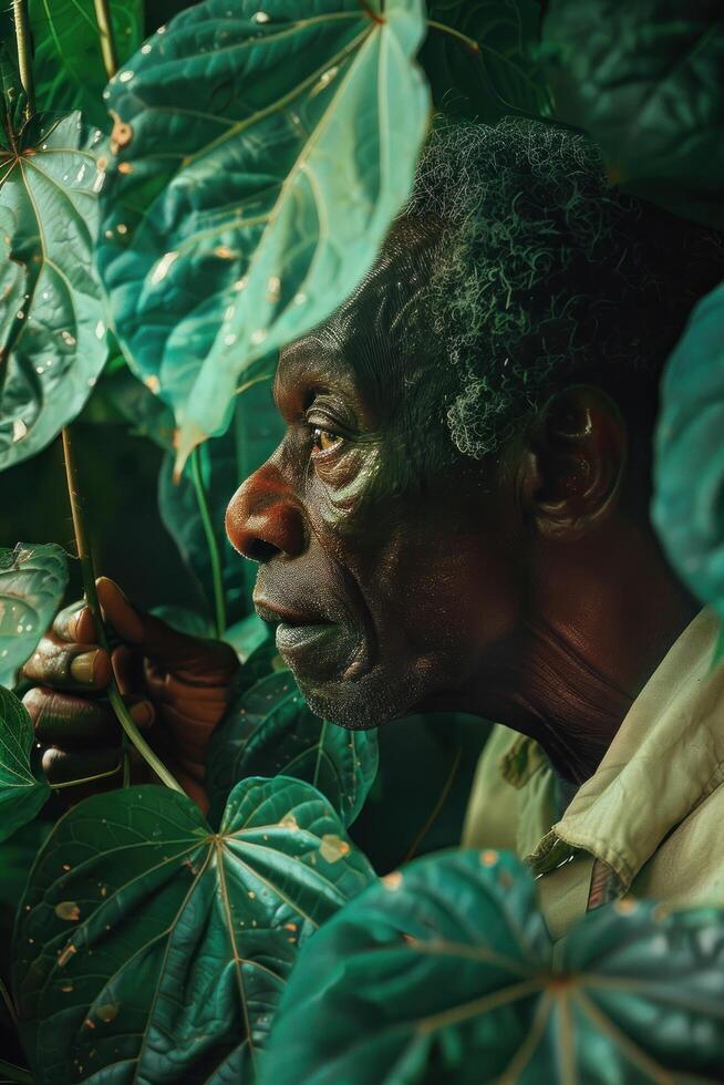 ai généré homme dans chapeau cueillette feuilles de arbre photo