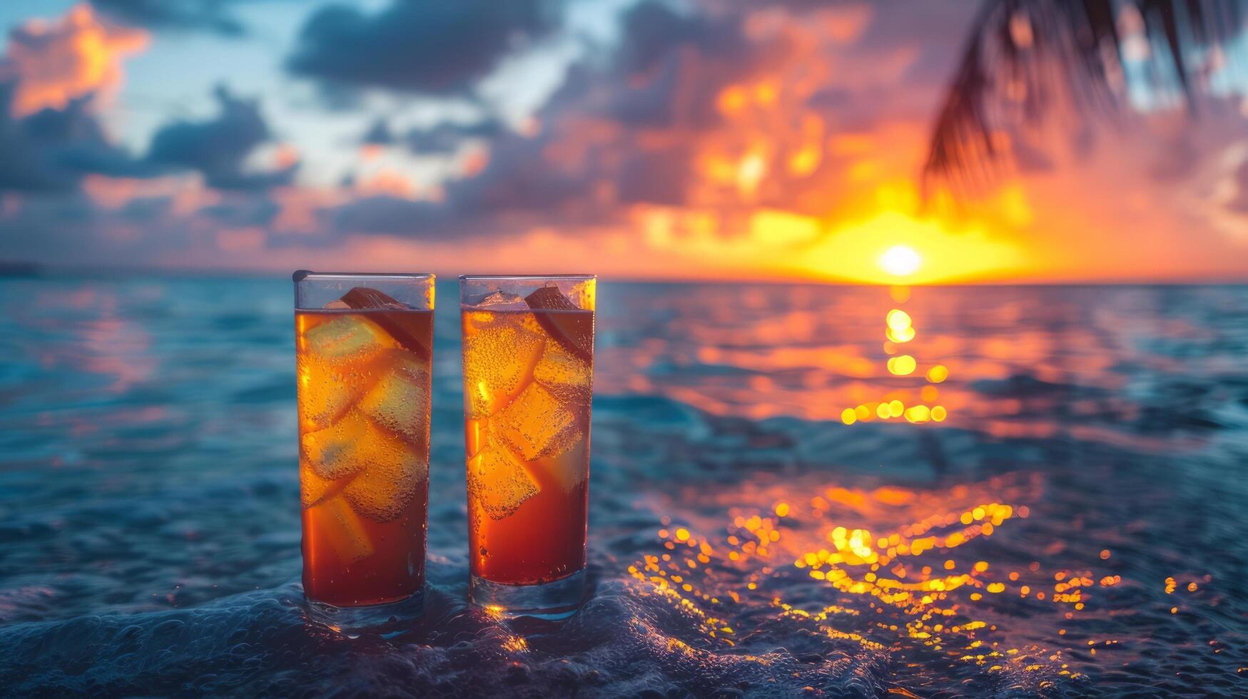 ai généré deux des lunettes de la glace thé sur une plage à le coucher du soleil photo