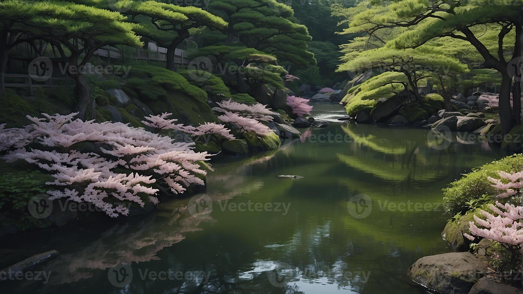 ai généré Japonais nature, Japonais la nature paysage, la nature dans printemps, vert la nature photo