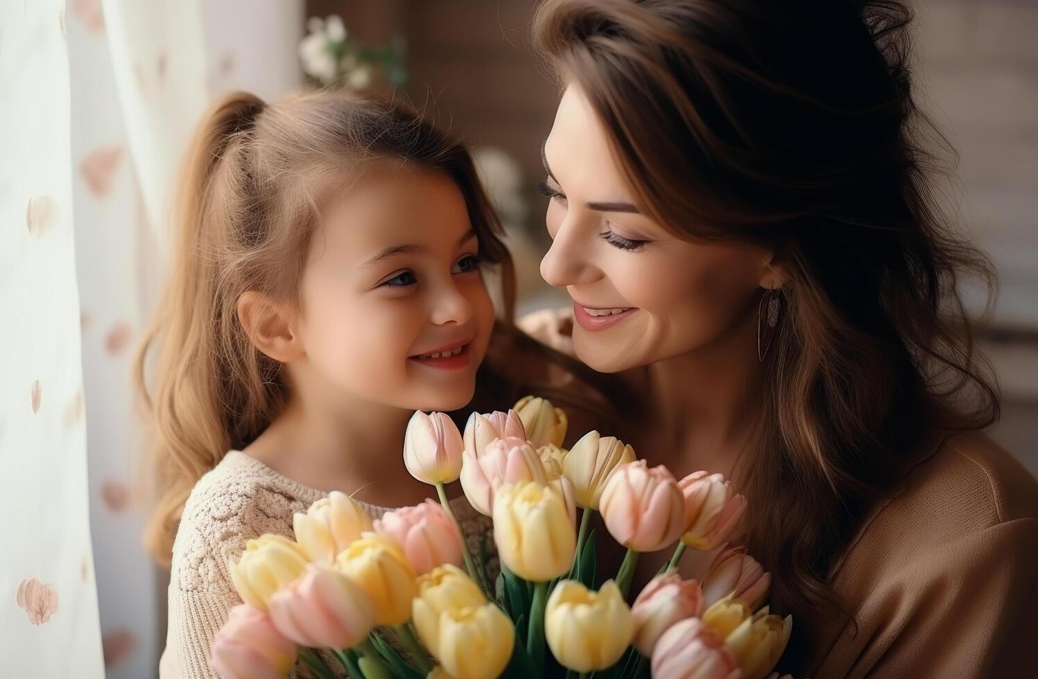 ai généré une femme et enfant permanent proche à chaque autre avec une bouquet de tulipes photo