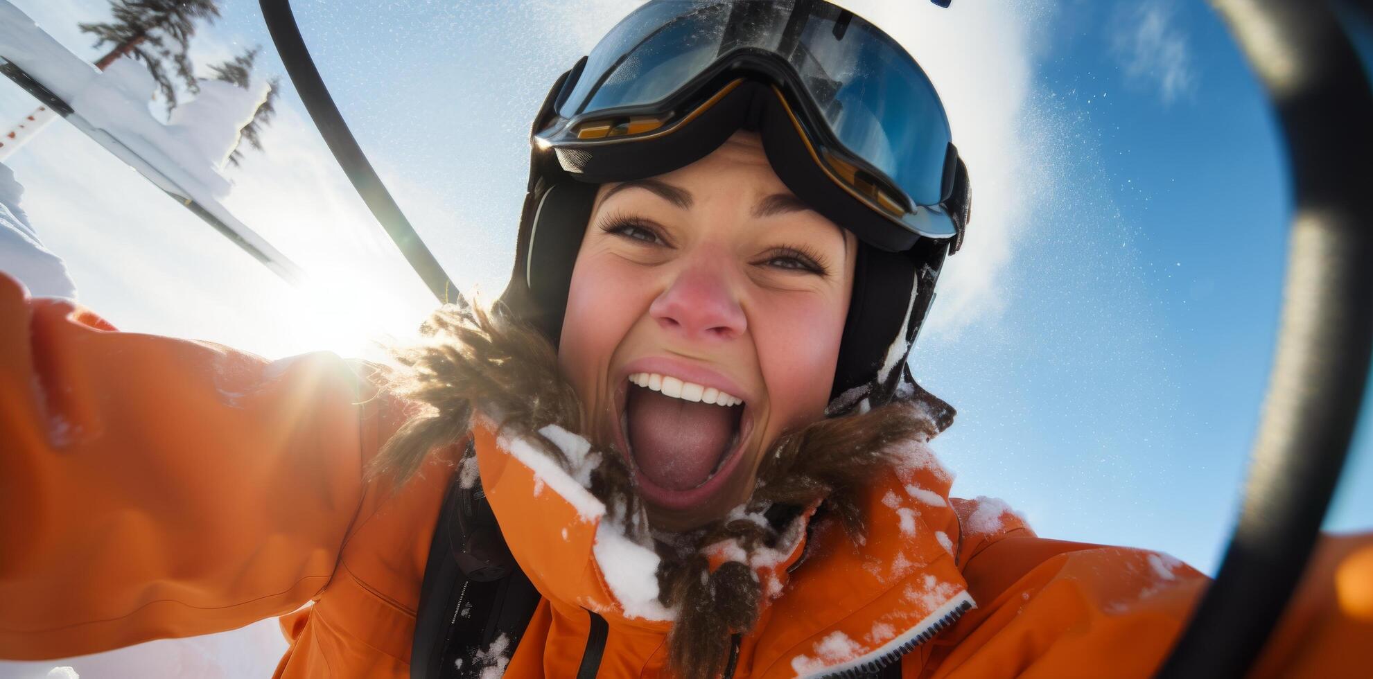 ai généré une snowboarder est flottant au dessus le neige sur une ski ascenseur photo