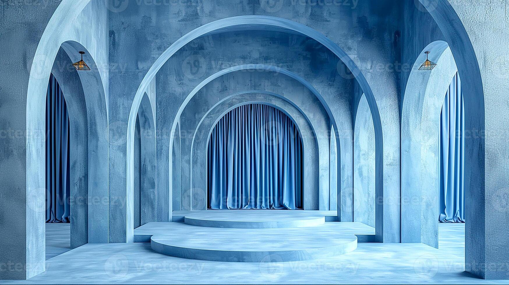 ai généré une pièce avec bleu rideaux et arches photo