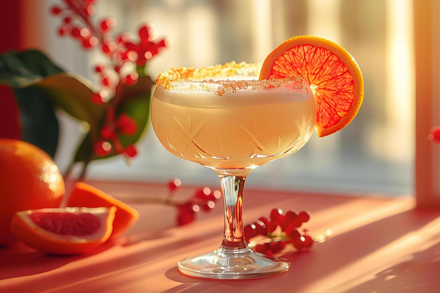 ai généré une piquant Orange cocktail dans une ensoleillé pièce évoque une de fête atmosphère. photo